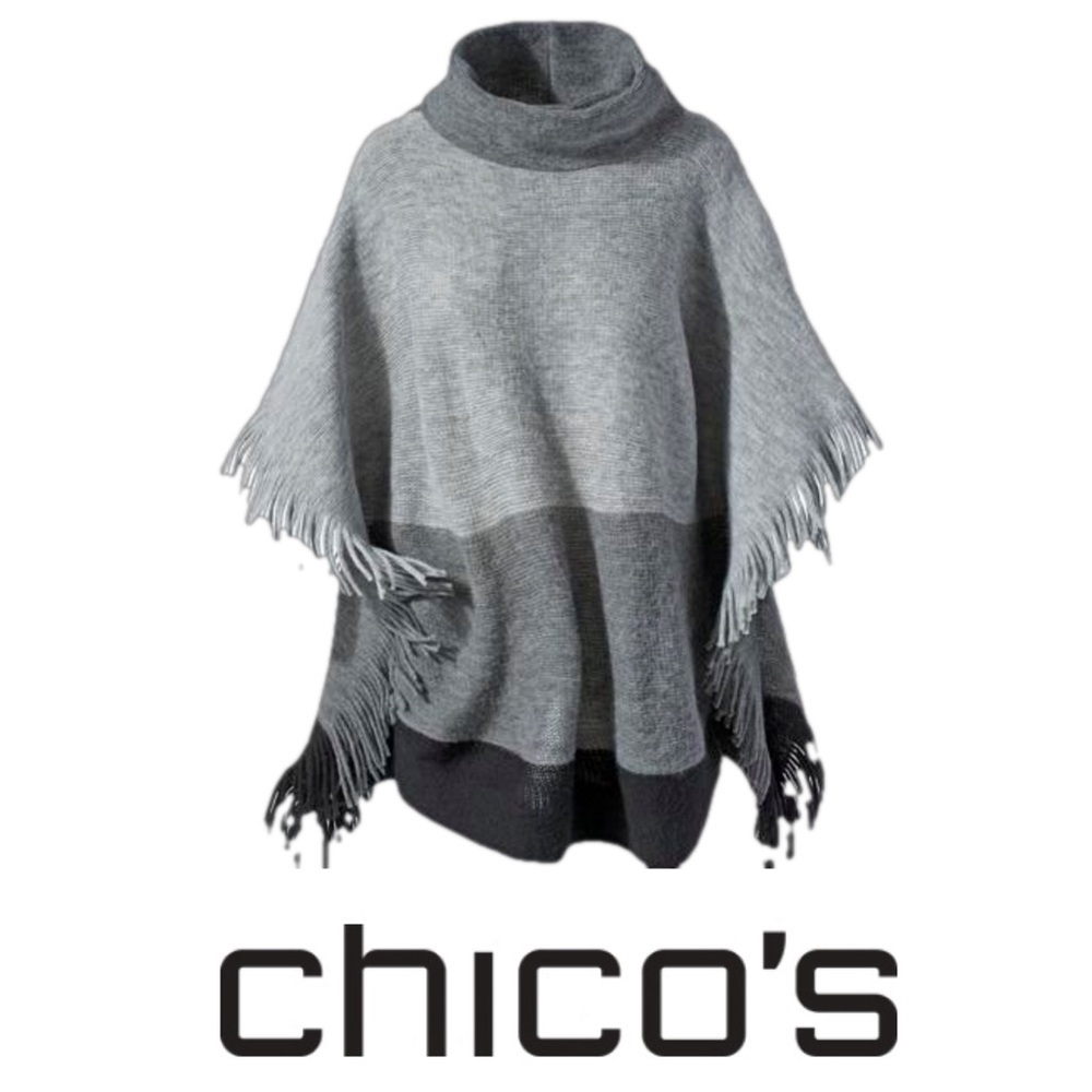 Chico’s Blocked Stripe Side Fringe Turtleneck Poncho in Size L/XL